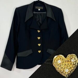 Vintage Kelly Graham Black Wool Blend Satin Blazer Gold tone Heart Buttons 10P